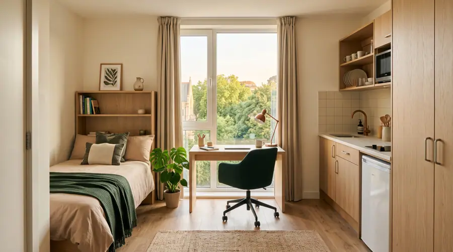 Studio meublé avec lit, bureau et coin cuisine (illustration générée)